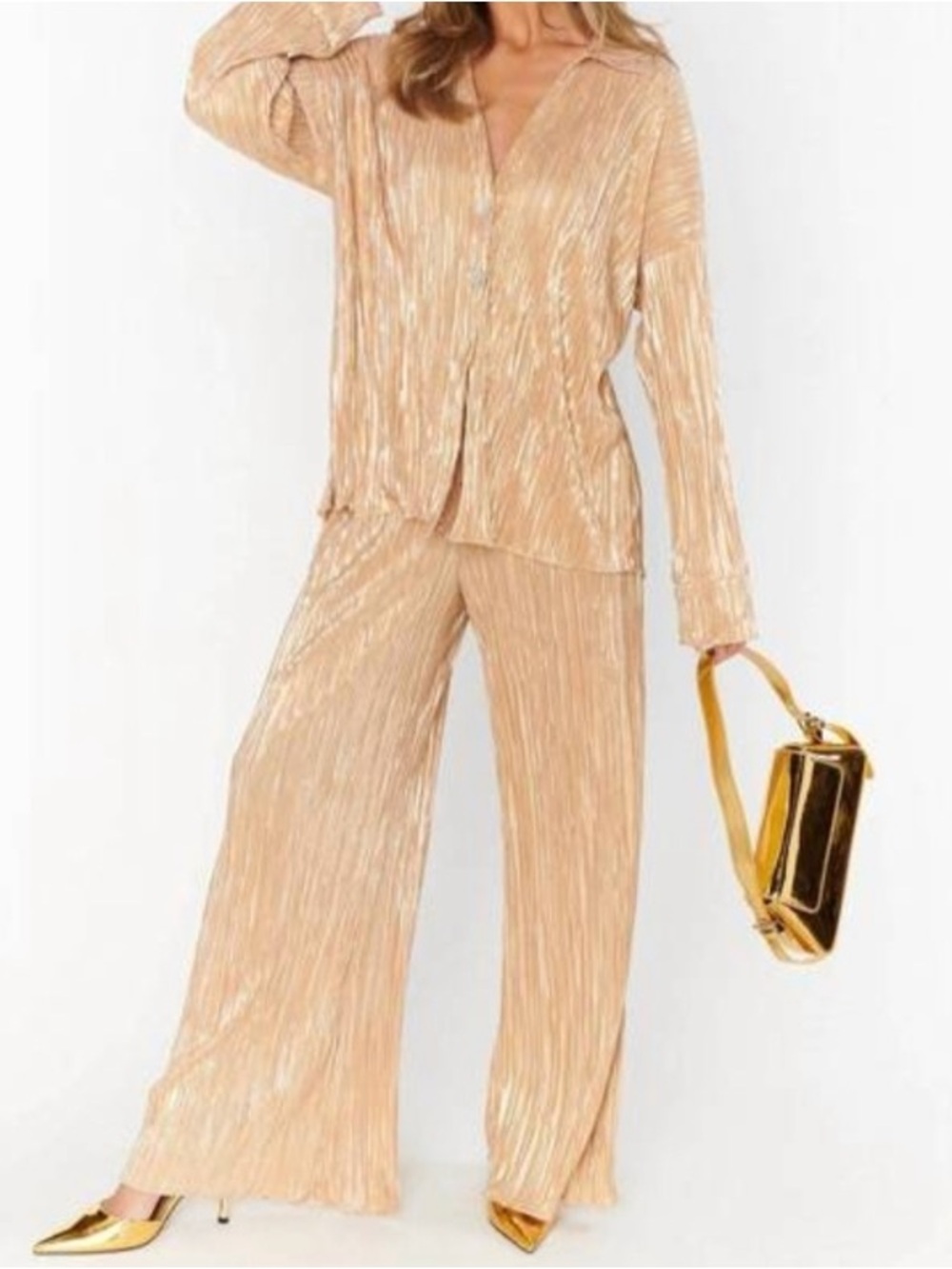 MuMu Gold Metallic Pleated Jumpsuit